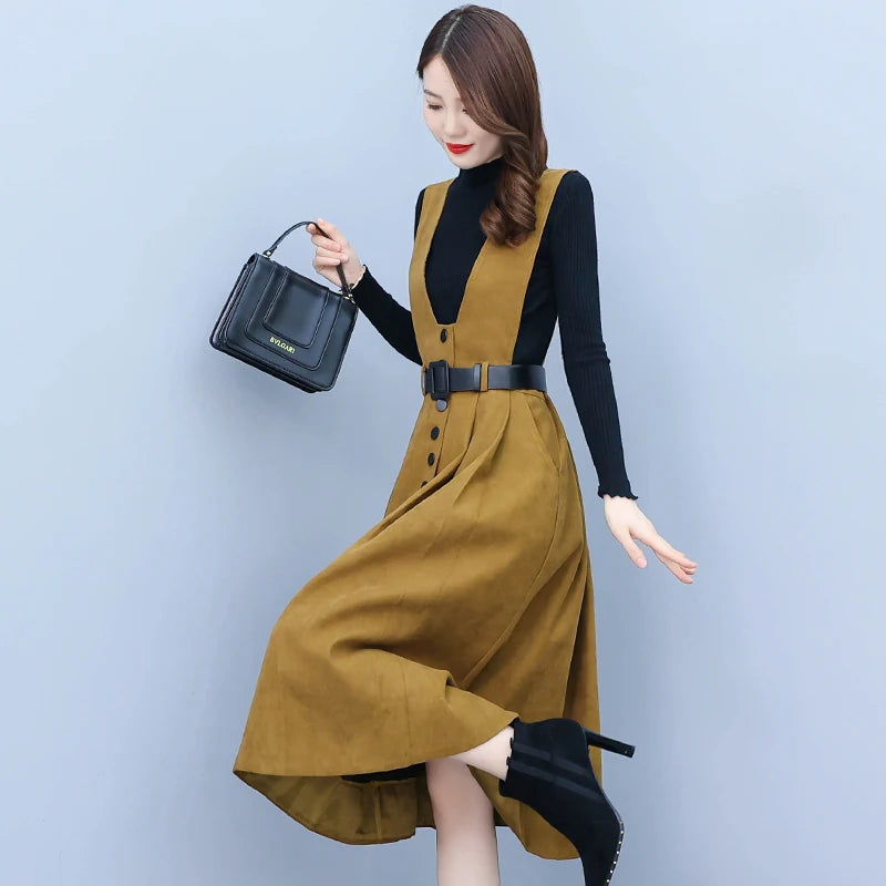 New Woolen Vest Dress Sweater Two-piece Suit Autumn Winter Vintage Casual Dress Women Thick Warm Bodycon Party Fashion Sets