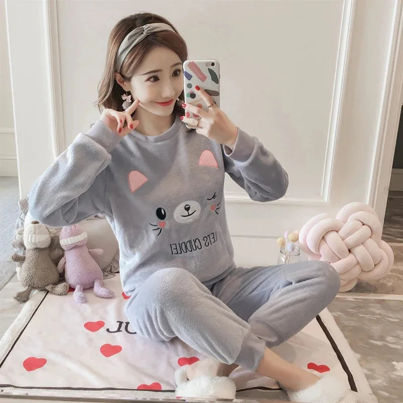 Autumn Winter Pajamas Set Women Sleep Shirt & Pant Set Sleepwear Warm Flannel Nightgown Female Cartoon Bear Animal Pijamas