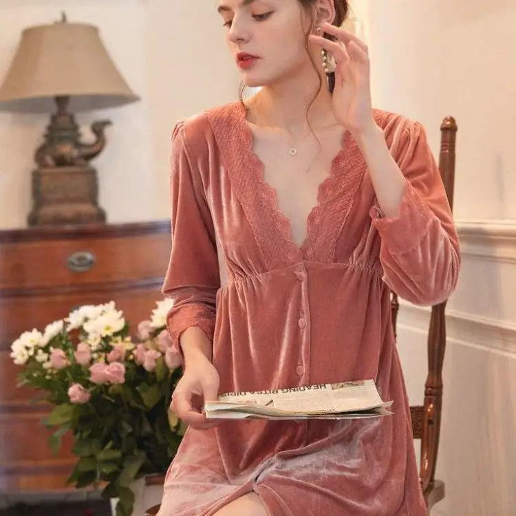 Autumn New Velvet Sleepwear Women Nightgown Sexy Nightdress Intimate Lingerie Loose Sleep Dress Home Dressing Gown With Lace