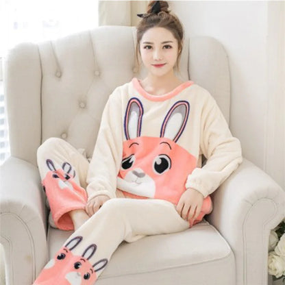 Autumn Winter Pajamas Set Women Sleep Shirt & Pant Set Sleepwear Warm Flannel Nightgown Female Cartoon Bear Animal Pijamas