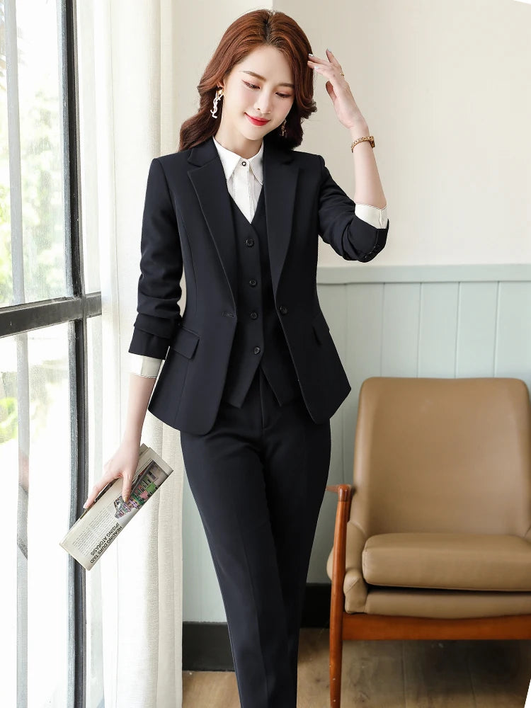 Black Blue Gray 3 Piece Set Women Pant Suit Office Ladies Formal Business Work Career Wear Vest Blazer Jacket and Trousers