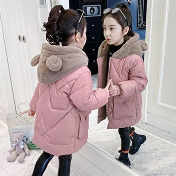 4 5 6 7 8 9 10 11 12 Years Winter Girls Jacket Plus Velvet Keep Warm Cute Bear Hooded Little Princess Coat Children's Clothing