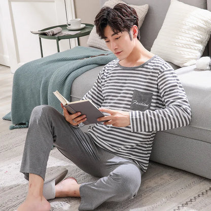 Stripe 100% Cotton Pajamas Sets Men Long Sleeve Pijama Set for Male S-XXXLSize Sleep Clothing Nightie Sleepwear Man Pyjamas Suit