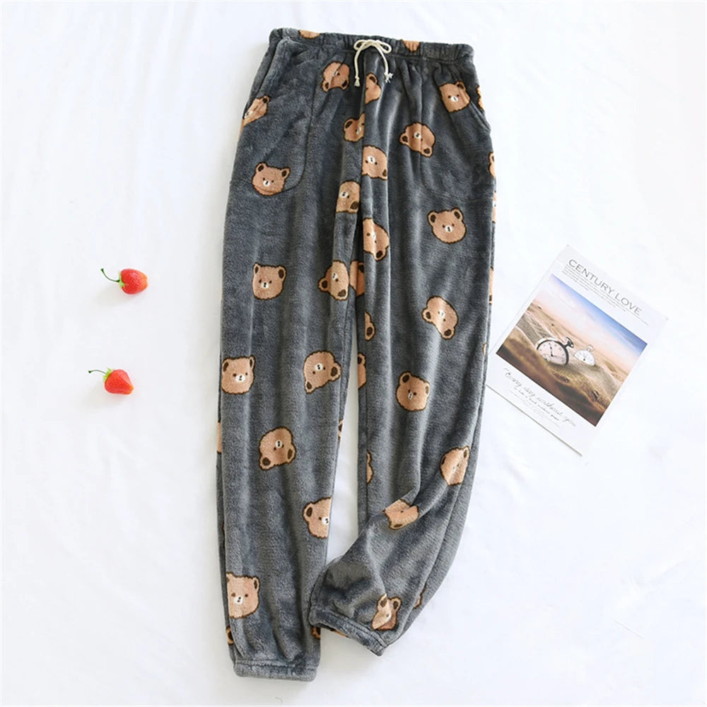 Winter Pajamas Home Pants For Women Elastic Trousers Loose Warm Thicken Fannel Pijamas Pants Sleepwear Printed Autumn Nightwear