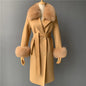 Women's Cashmere Wool Coat Spring Real Fox Fur Collar Woolen Trench Jacket Winter Adjustable Waist Slim Ladies Long Overcoat