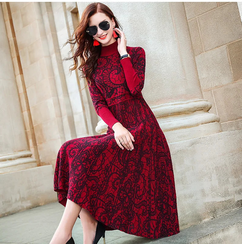 AIMEILI Red autumn/winter 2024 new turtle neck long sleeve cultivate one's temperament sweater knitting dress knee-length dress