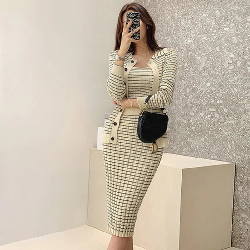 H Han Queen Korean Knitting 3 Pieces Set Women Knitted Sling + Cardigan And Pencil Skirts Casual Simple Office Lady Skirt Suit