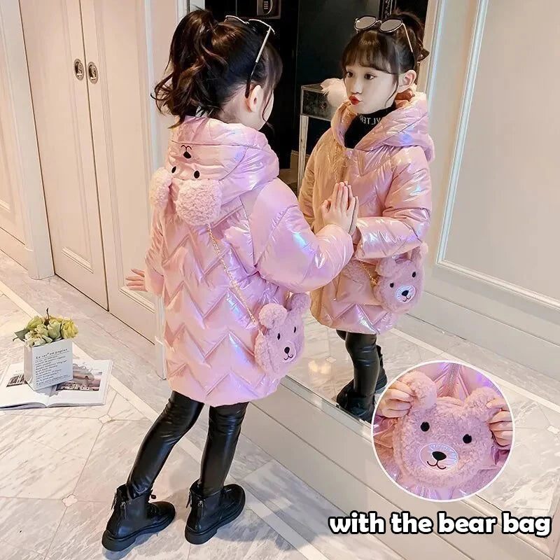 4 5 6 7 8 9 10 11 12 Years Winter Girls Down Jacket Keep Warm Cute Bear Fashion Hooded Little Princess Coat Children's Clothing