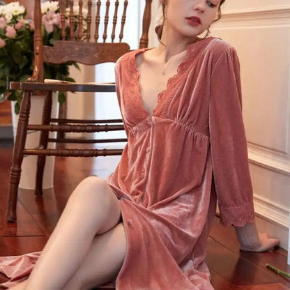 Autumn New Velvet Sleepwear Women Nightgown Sexy Nightdress Intimate Lingerie Loose Sleep Dress Home Dressing Gown With Lace