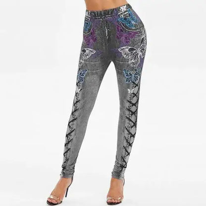 Skinny High Waist Women Pants Butterfly Print Lace-up Elastic Jogging Sports Trousers Hip Lift Jeans Women Pencil Pants