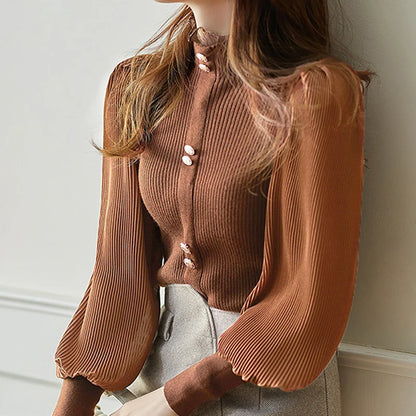 LJSXLS Autumn Elegant Chiffon Patchwork Turtleneck Sweater Women Winter New Korean Knitted Tops Long Sleeve Pullovers Femme