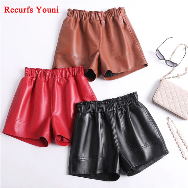 Genuine Leather Shorts For Women Korean Fashion 2025 Elastic Waist Booty Mini Sexy Short Feminino Red/Camel/Black Calzones Mujer