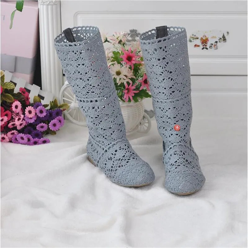 high quality 2025 Hollow Boots Shoes Breathable Knit Line Mesh boots Summer Women Boots Knee High Womens Shoes 34-41