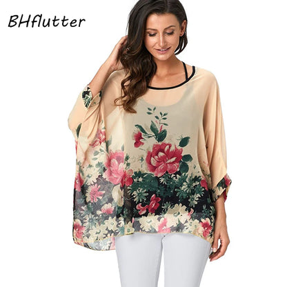 BHflutter 4XL 5XL 6XL Plus Size Blouse Shirt Women New Striped Print Summer Tops Tees Batwing Sleeve Casual Chiffon Blouses 2025