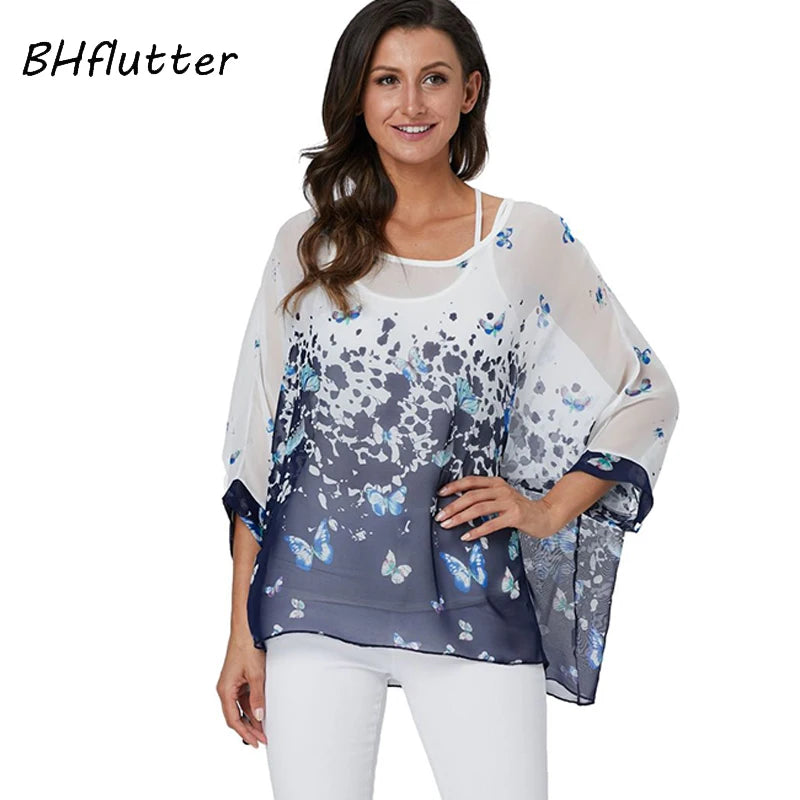 BHflutter 4XL 5XL 6XL Plus Size Blouse Shirt Women New Striped Print Summer Tops Tees Batwing Sleeve Casual Chiffon Blouses 2025