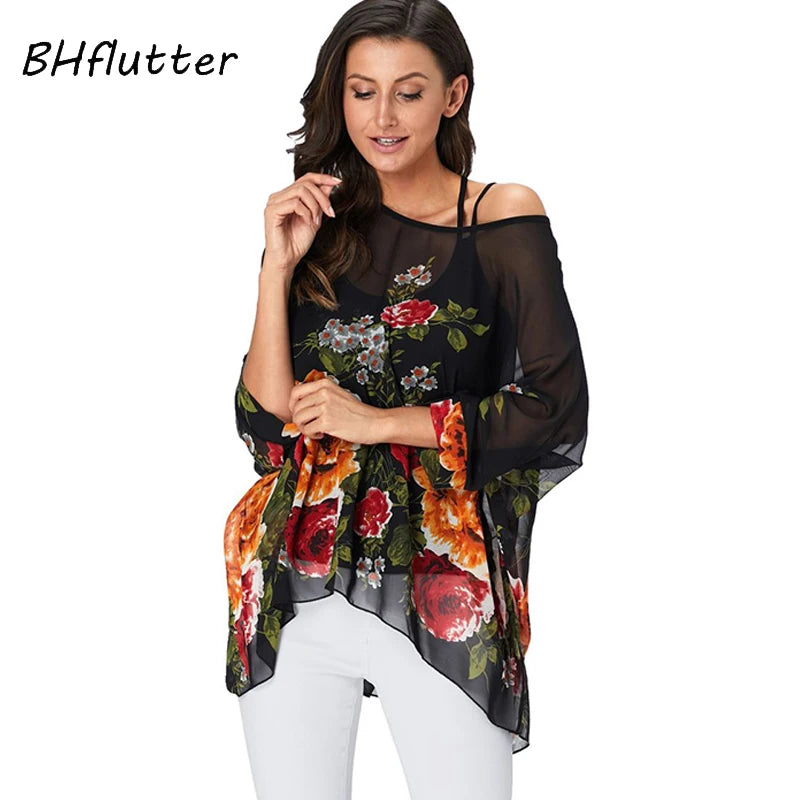 BHflutter 4XL 5XL 6XL Plus Size Blouse Shirt Women New Striped Print Summer Tops Tees Batwing Sleeve Casual Chiffon Blouses 2025