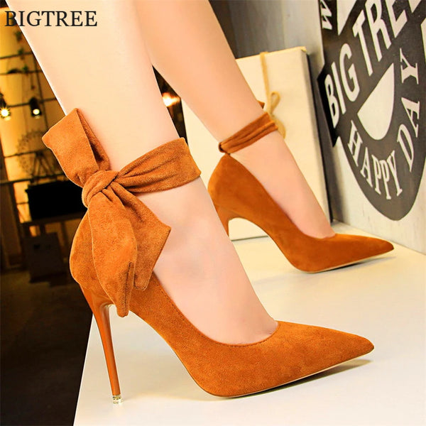 2025 New Classic Ankle Lace-Up Bowknot Woman Shoes Solid Flock Shallow High Heels Shoes Party Shoes Fashion Women Pumps 6 Colors