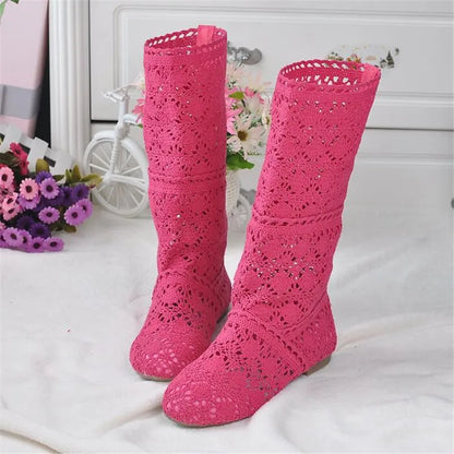 high quality 2025 Hollow Boots Shoes Breathable Knit Line Mesh boots Summer Women Boots Knee High Womens Shoes 34-41