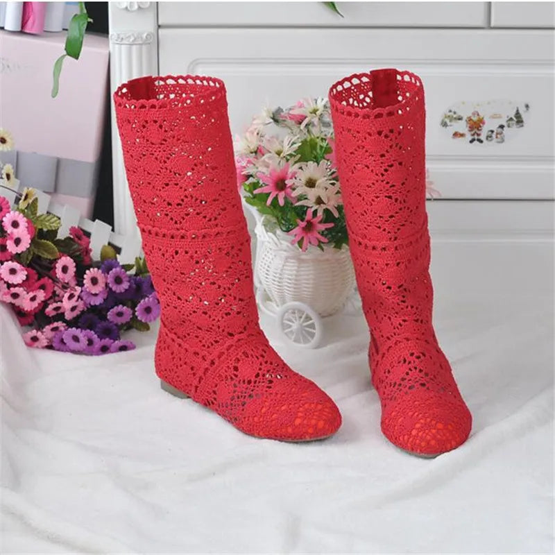 high quality 2025 Hollow Boots Shoes Breathable Knit Line Mesh boots Summer Women Boots Knee High Womens Shoes 34-41