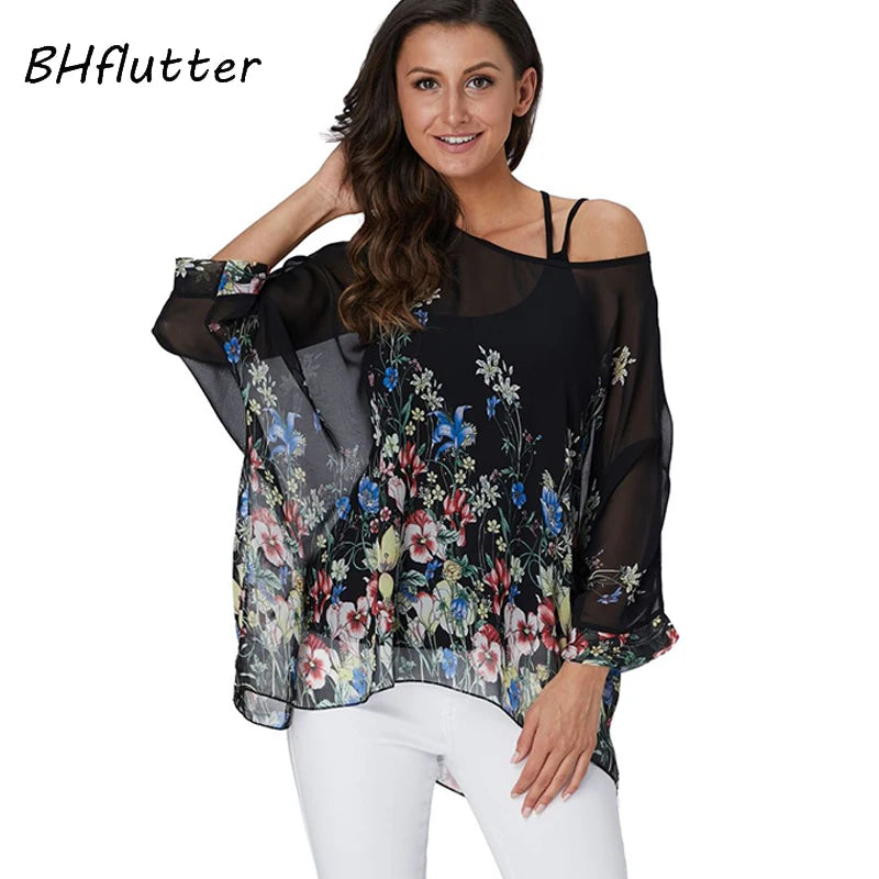 BHflutter 4XL 5XL 6XL Plus Size Blouse Shirt Women New Striped Print Summer Tops Tees Batwing Sleeve Casual Chiffon Blouses 2025