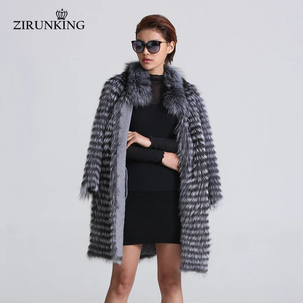 ZIRUNKING Knitted  Real Silver Fox Fur Coats Fashion Fur Jacket Striped Style Outfit Female Fox Fur For Autumn ZCW-02YL