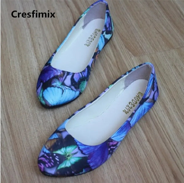 Cresfimix Zapatos De Mujer Women Fashion Spring & Summer Blue Pattern Flat shoes Lady Cute Pu Leather Pointed Toe Flats