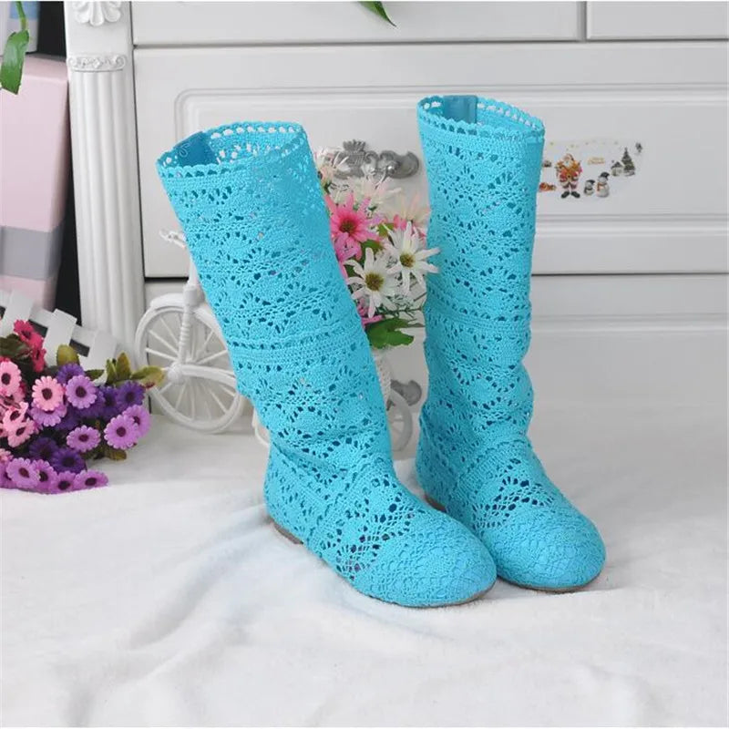 high quality 2025 Hollow Boots Shoes Breathable Knit Line Mesh boots Summer Women Boots Knee High Womens Shoes 34-41