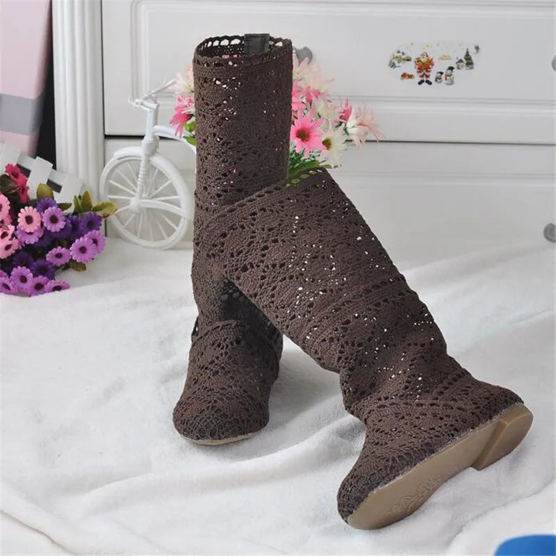 high quality 2025 Hollow Boots Shoes Breathable Knit Line Mesh boots Summer Women Boots Knee High Womens Shoes 34-41