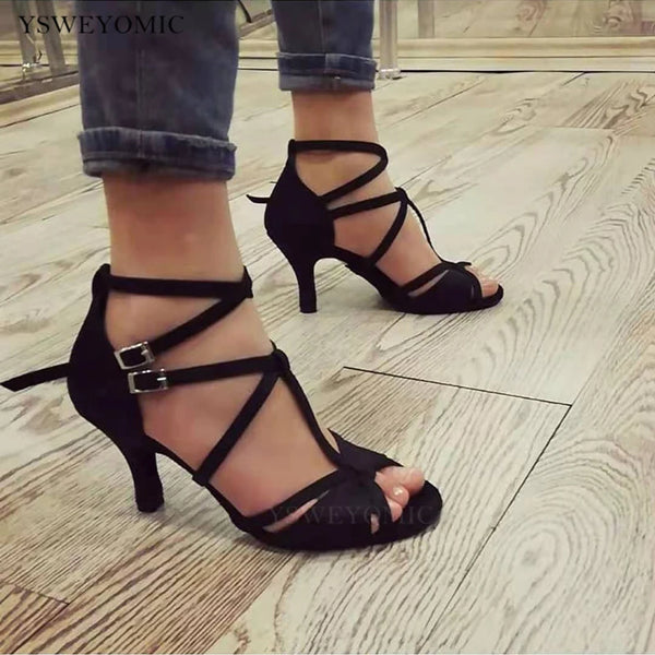 Salsa Dance Shoes Women 2025 New Style Black Satin 7cm Heel On Picture Suede Sole Indoor Ballroom Dance Shoes Latin Women