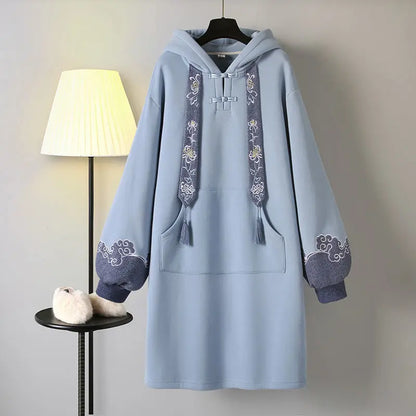 Women's Winter Chinese Style Hoodies Sweatshirt Daily Dress Hanfu Long Sleeve Embroidery Oversized Thick Cheongsam Vestidos