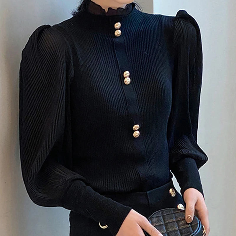 LJSXLS Autumn Elegant Chiffon Patchwork Turtleneck Sweater Women Winter New Korean Knitted Tops Long Sleeve Pullovers Femme