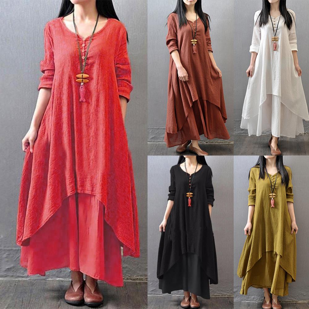 Spring Summer Women Long Cotton Linen Dress