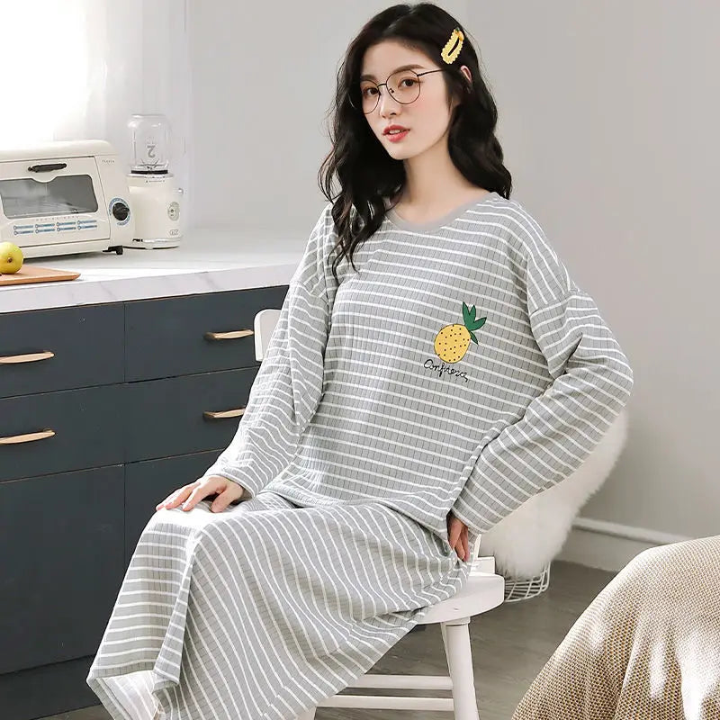 100% Cotton Nightdress Women's Spring Autumn New Long-sleeved Loose Striped Pijamas Female Loose Cute Nightwear