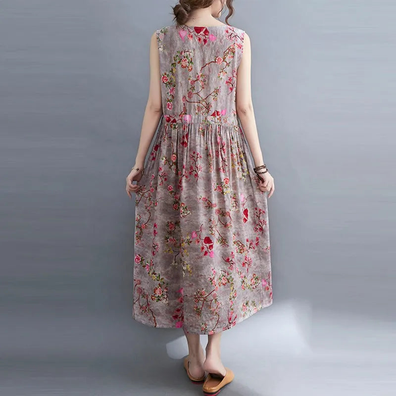 Women Summer Sleeveless Casual Dress New Arrival 2021 Vintage Style Floral Print Loose Cotton Linen Female Long Dresses B592