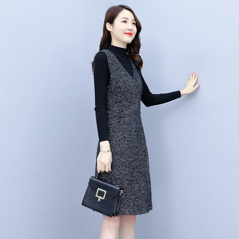 Autumn Winter Black Sweater Vest Dress Sets Women Thick Warm Midi Dress Two-piece Suit  Elegan Bodycon Vintage Party Vestido