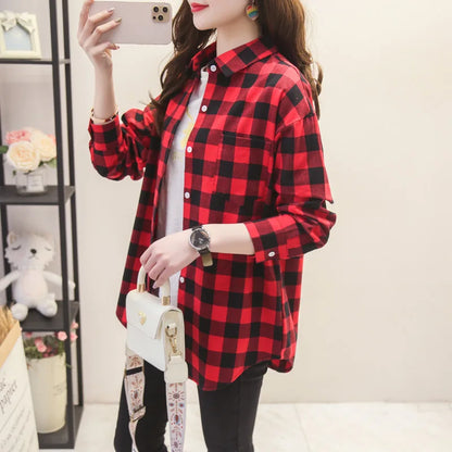 New Fashion Loose Womens Plaid Shirt Fresh College Style Design Blouses And Tops Long Sleeve Casual Female Checked Clothes