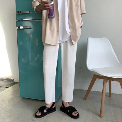 Pleated Straight Pants Men Oversized Casual Pants Men Japanese Streetwear Loose Ice Silk Pants Mens Wide Leg Trousers S-2XL