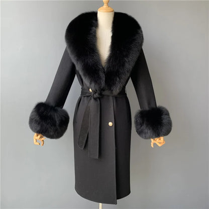 Women's Cashmere Wool Coat Spring Real Fox Fur Collar Woolen Trench Jacket Winter Adjustable Waist Slim Ladies Long Overcoat