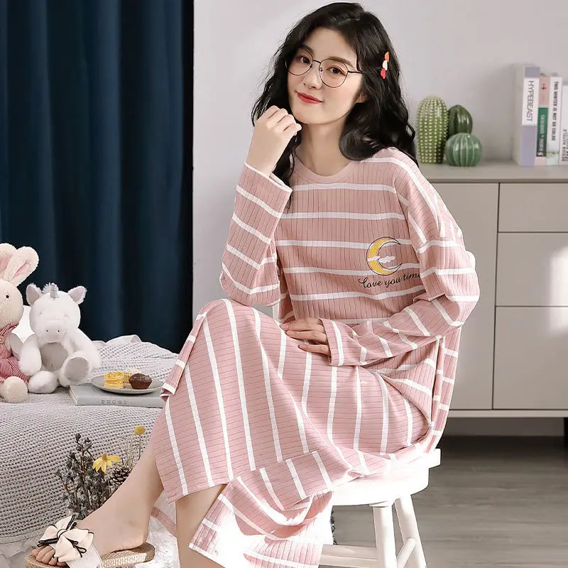 100% Cotton Nightdress Women's Spring Autumn New Long-sleeved Loose Striped Pijamas Female Loose Cute Nightwear