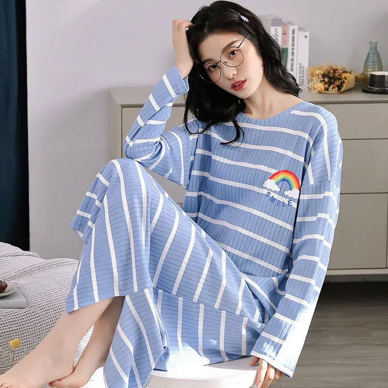 100% Cotton Nightdress Women's Spring Autumn New Long-sleeved Loose Striped Pijamas Female Loose Cute Nightwear