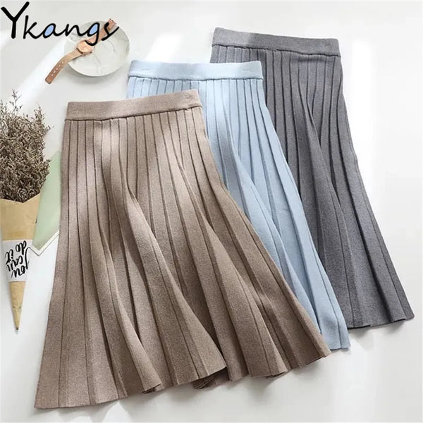 Women Knitted Midi Skirt Elegant Black A-Line High Waist Pleated Long Skirt Korean Spring Autumn Winter Faldas Femme Jupes