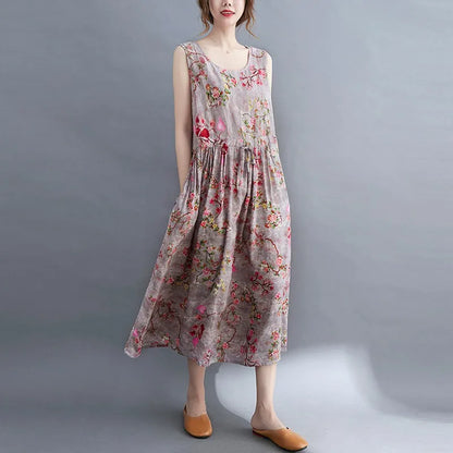 Women Summer Sleeveless Casual Dress New Arrival 2021 Vintage Style Floral Print Loose Cotton Linen Female Long Dresses B592