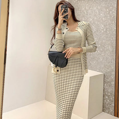 H Han Queen Korean Knitting 3 Pieces Set Women Knitted Sling + Cardigan And Pencil Skirts Casual Simple Office Lady Skirt Suit