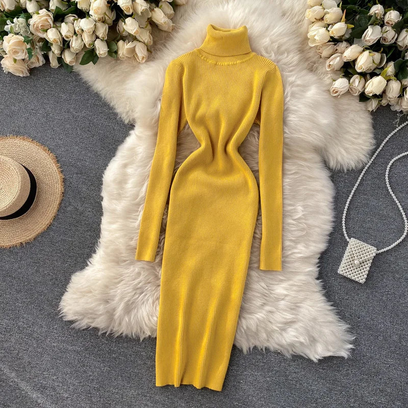 Dresses for Women Sexy Turtleneck Knitted Bodycon Dress Women Autumn Winter Long Sleeve Sweater Dress