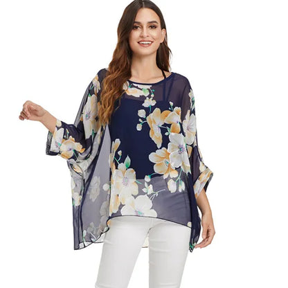 BHflutter 4XL 5XL 6XL Plus Size Blouse Shirt Women New Striped Print Summer Tops Tees Batwing Sleeve Casual Chiffon Blouses 2025