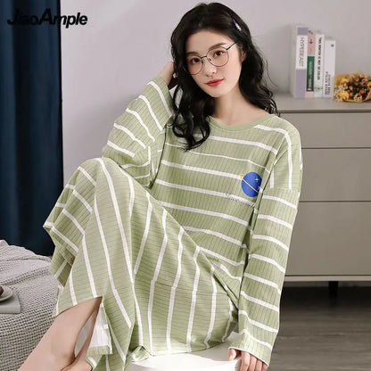 100% Cotton Nightdress Women's Spring Autumn New Long-sleeved Loose Striped Pijamas Female Loose Cute Nightwear