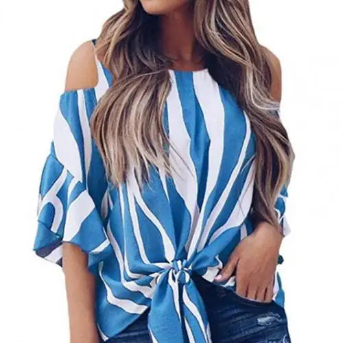 Women Chiffon Blouses Off Shoulder Ruffles Half Sleeve Sexy Round Neck Bowknot Striped Shirt Tops for Daily Wear Black Plus Size