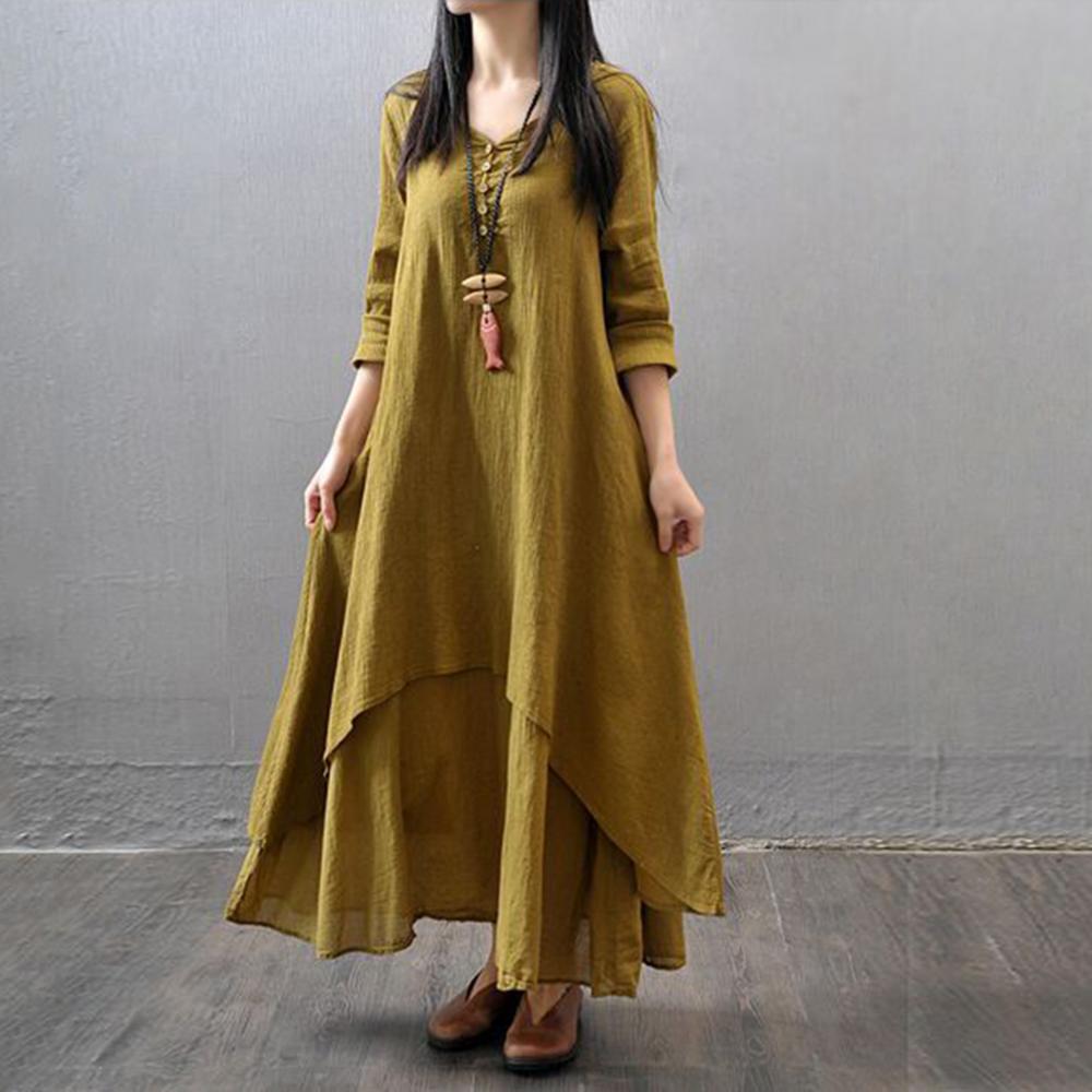 Spring Summer Women Long Cotton Linen Dress