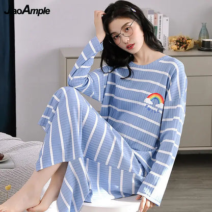 100% Cotton Nightdress Women's Spring Autumn New Long-sleeved Loose Striped Pijamas Female Loose Cute Nightwear