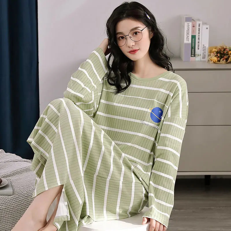 100% Cotton Nightdress Women's Spring Autumn New Long-sleeved Loose Striped Pijamas Female Loose Cute Nightwear